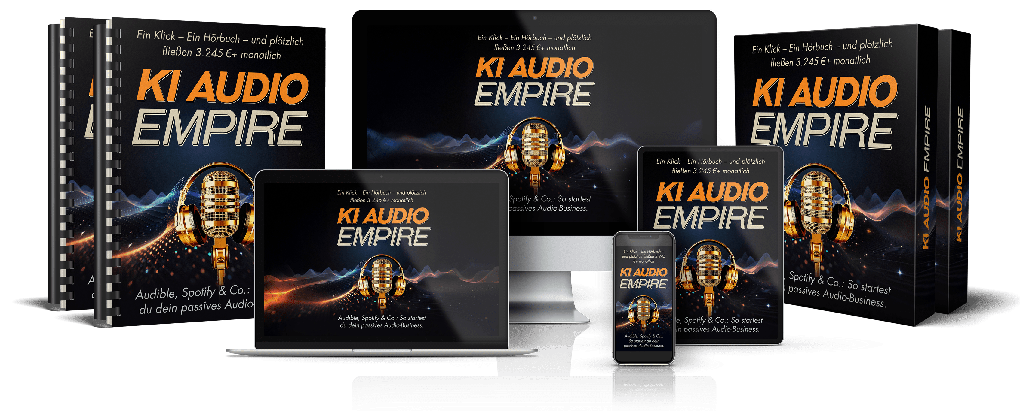 Produktdarstellung KI Audio Empire: Mockups auf Geräten und Büchern